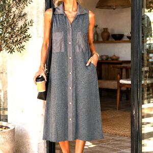 Hunter Bell NY Designer Sleeveless Shirt Dress Charcoal Snap Front Small